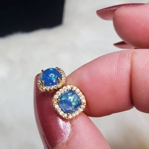 2 ct. Round blue fire Australian opal 14k plated studs